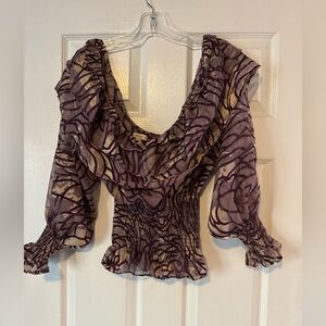 Ardene Purple Swirl Ruffle Neck Sheer Blouse